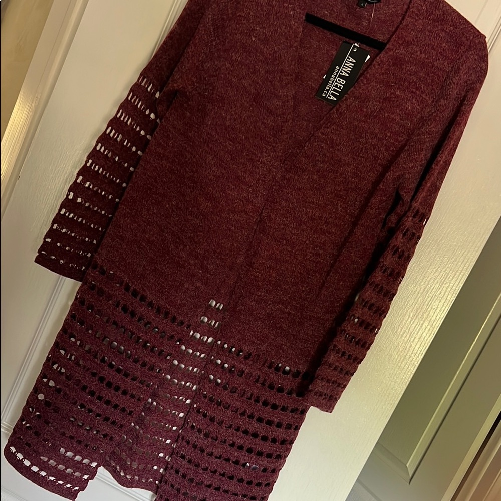 New w/tags Annabella Maroon Long Cardigan Sweater w/Crotchet Design
